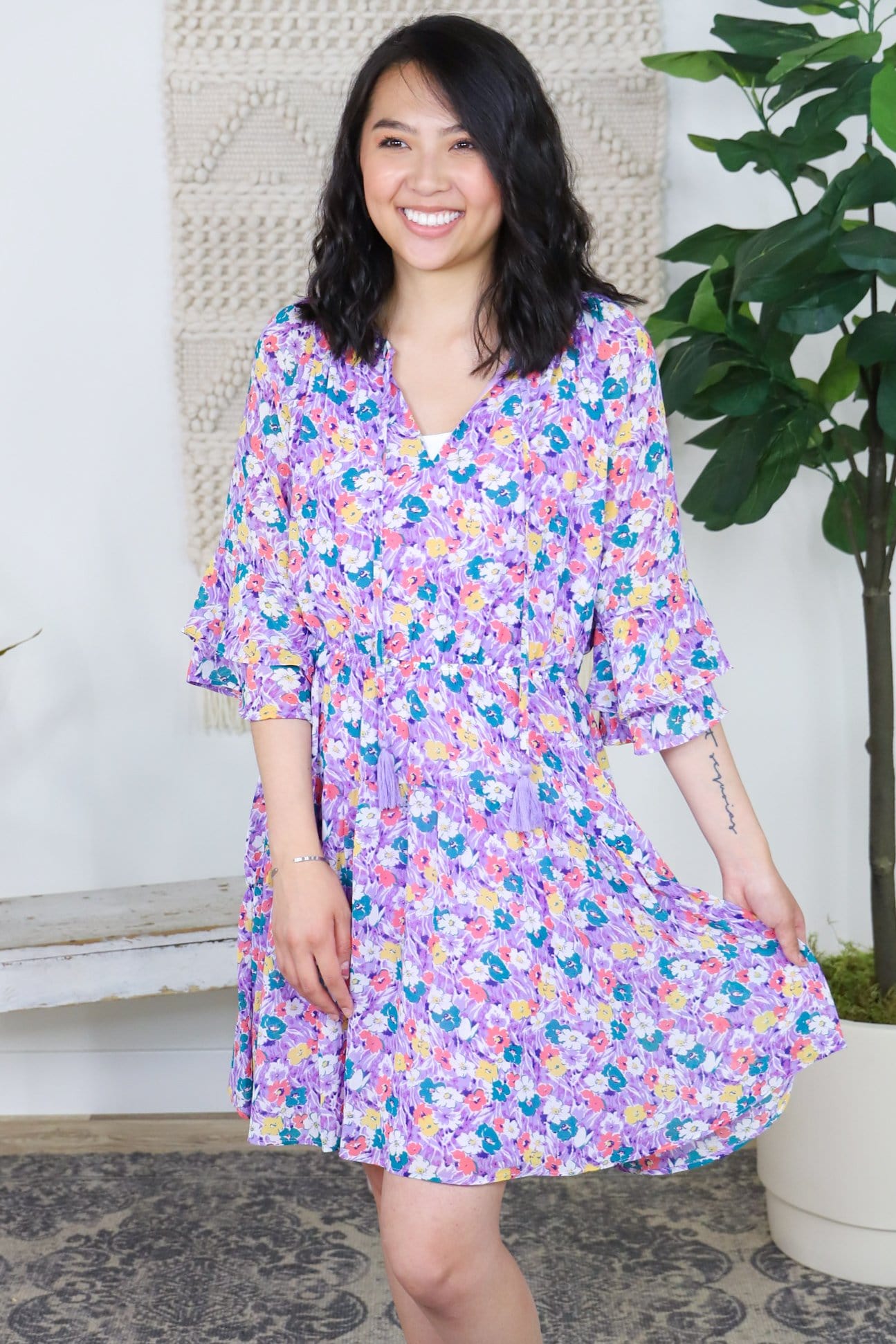 Lavender Floral Ruffle Sleeve Dress