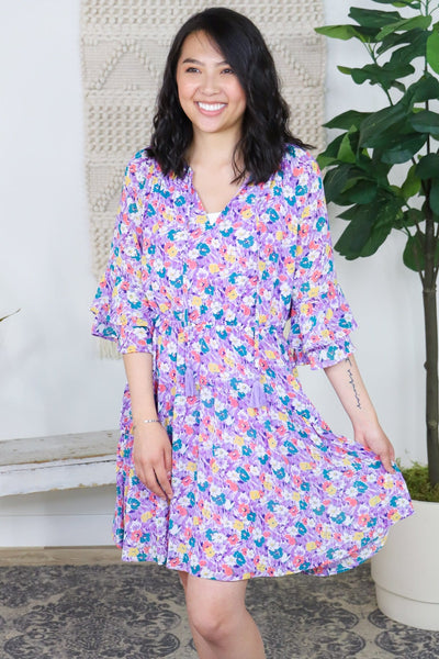 Lavender Floral Ruffle Sleeve Dress