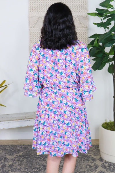 Lavender Floral Ruffle Sleeve Dress
