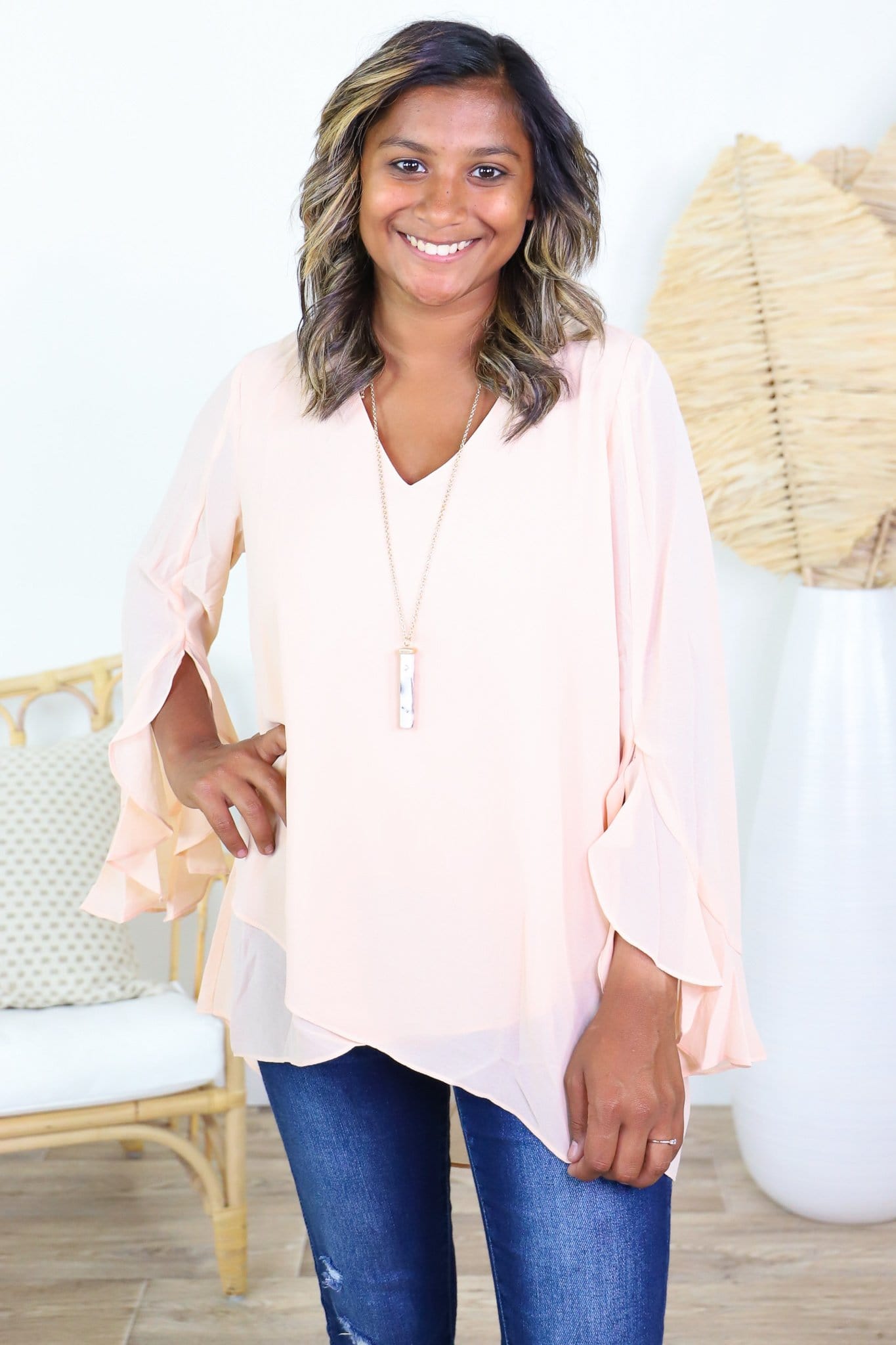 Asymmetrical Ruffle Sleeve Blouse