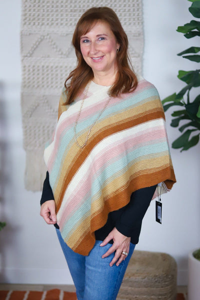 rust tan teal pink white knit poncho 