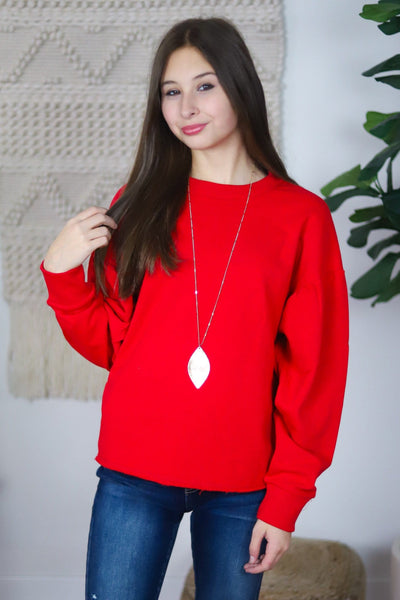 red sweatshirt puff sleeves 