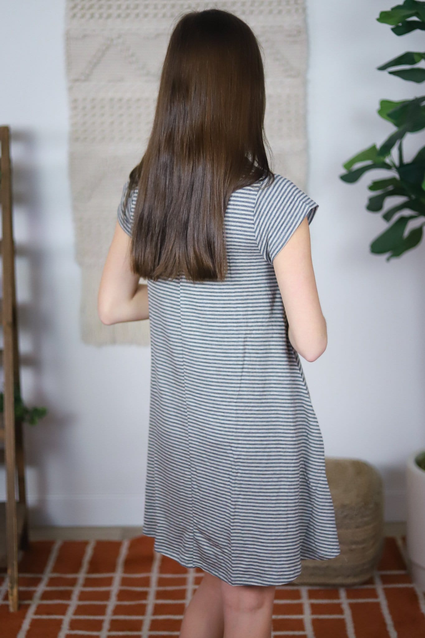 charcoal and tan dress striped back 