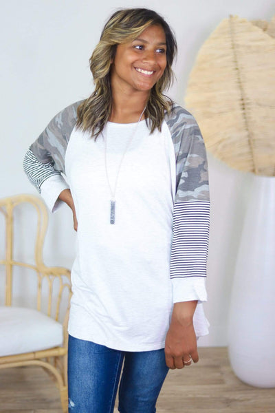 camo and stripe sleeve top