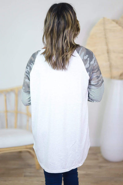 camo and stripe sleeve top