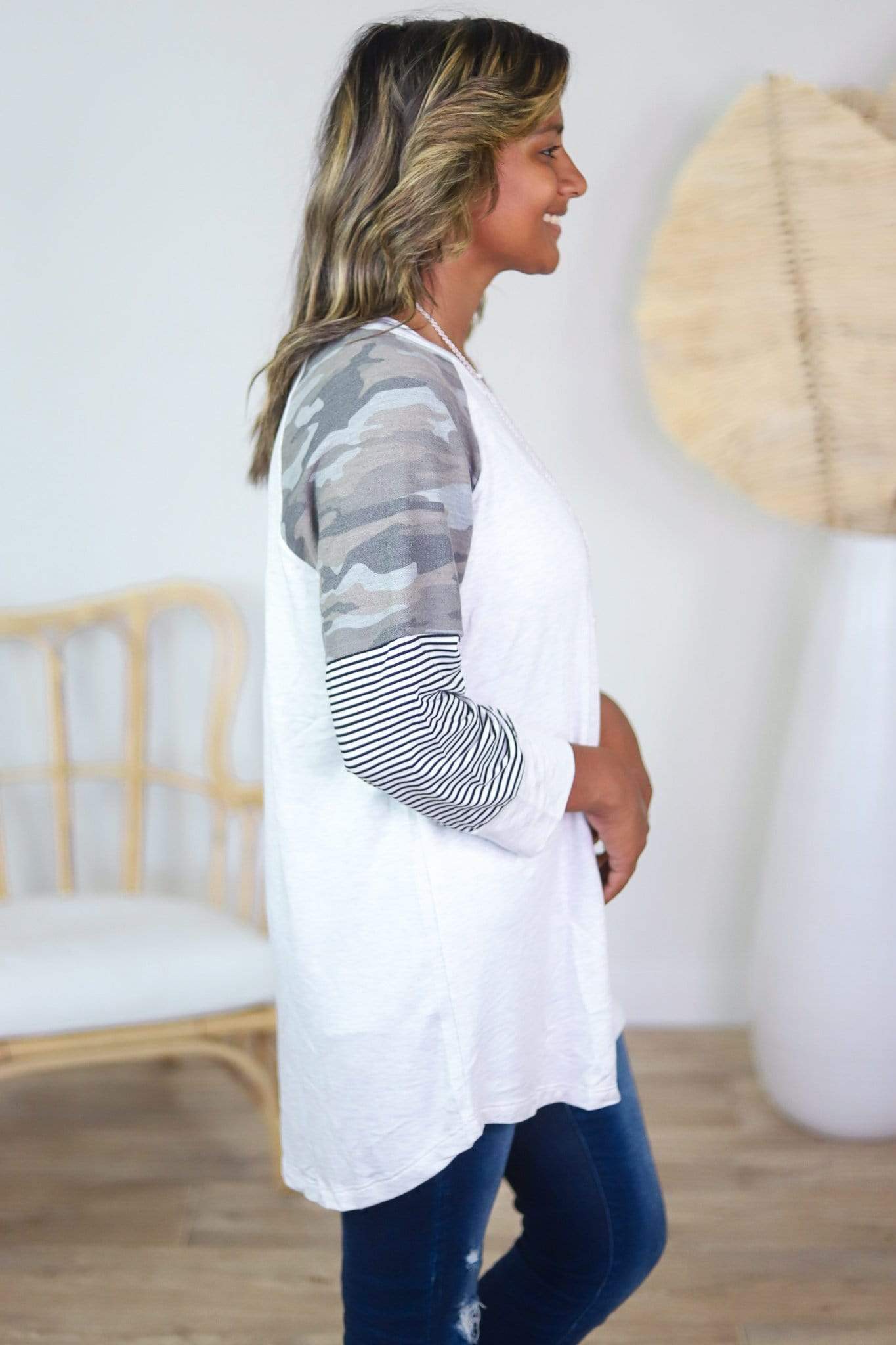 camo and stripe sleeve top