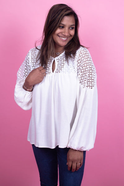White Crochet Detail Linen Top