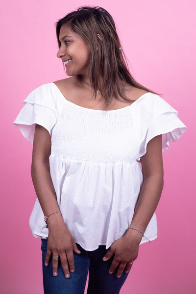White Smocked Flutter Sleeve Top