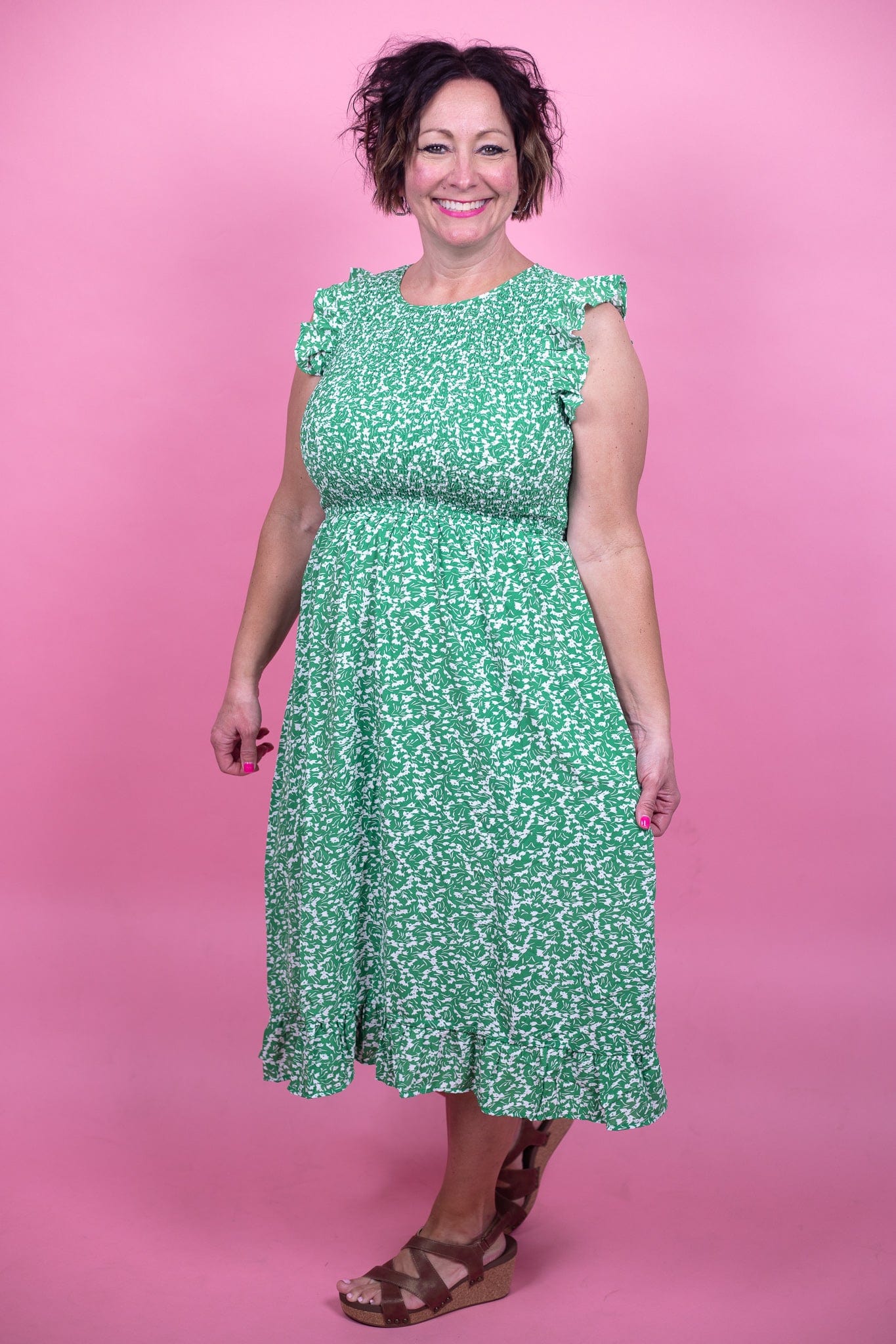 Green Ditsy Floral Smocked Midi Dress