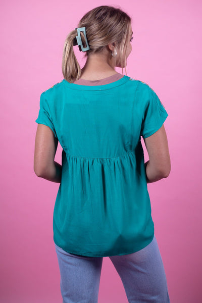 Emerald Embroidered Tassel Blouse