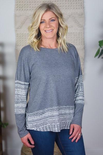 grey and white long top