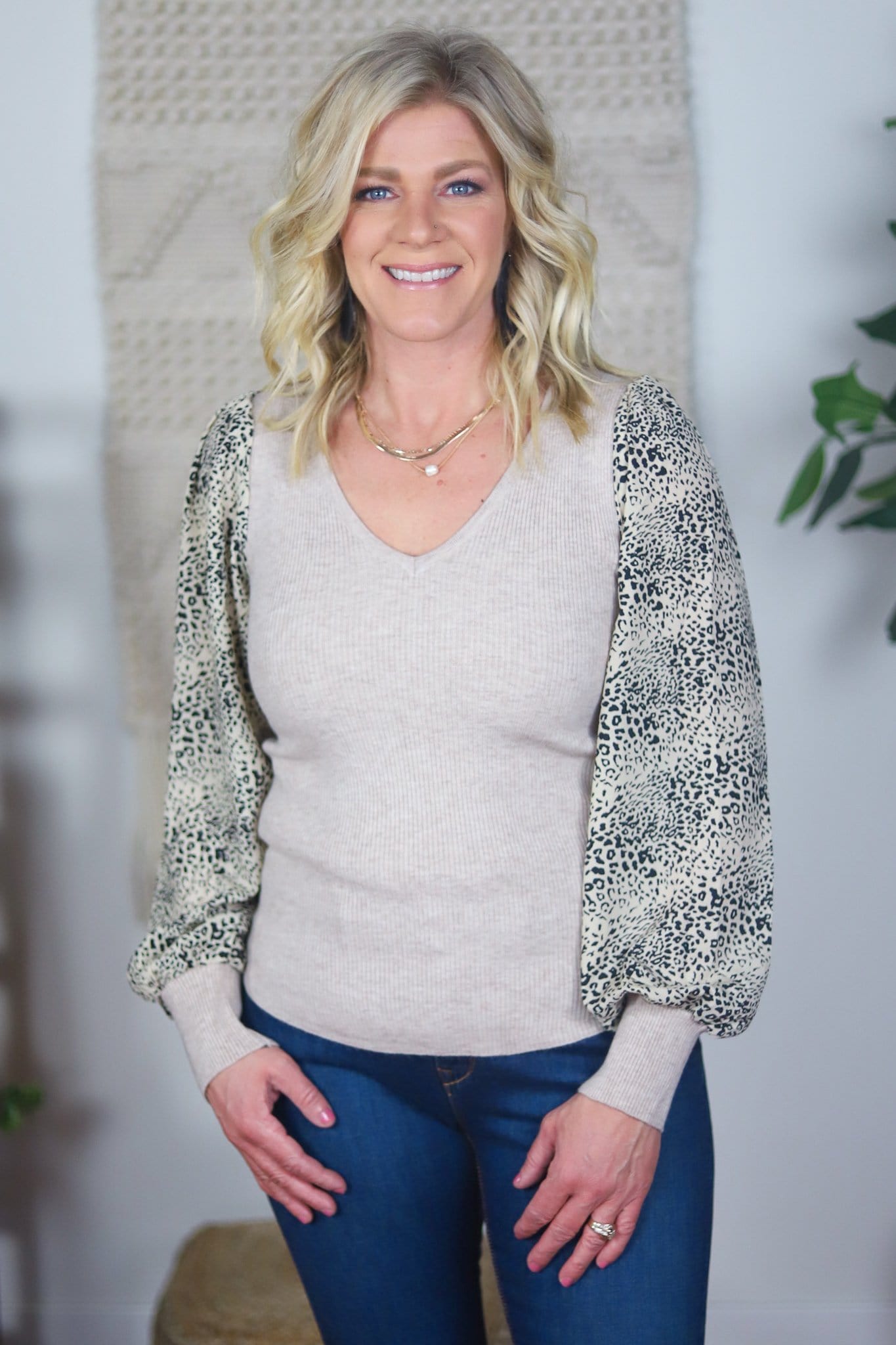 leopard print sleeve tan top 