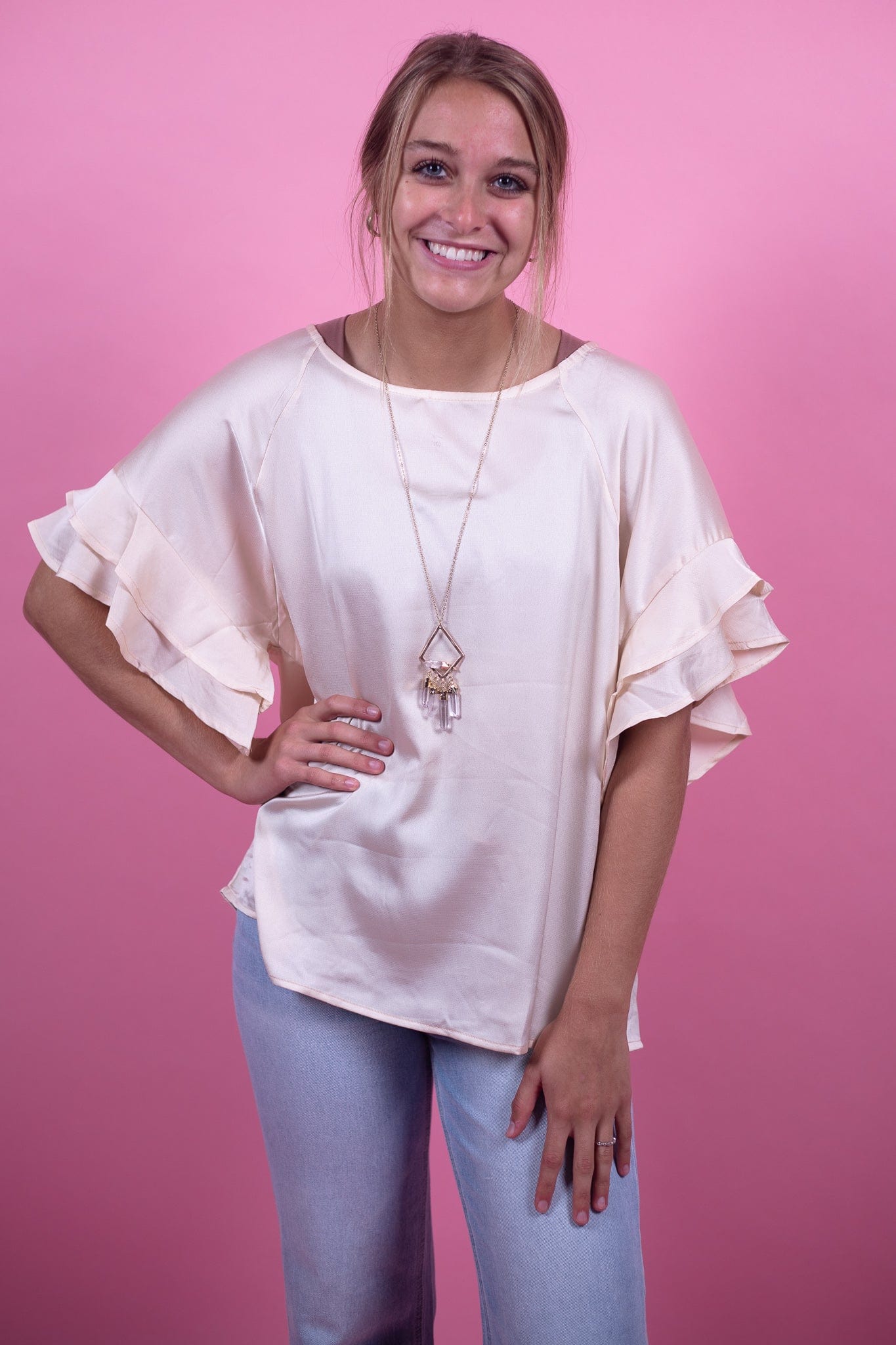 Cream Dolman Ruffle Sleeve Top