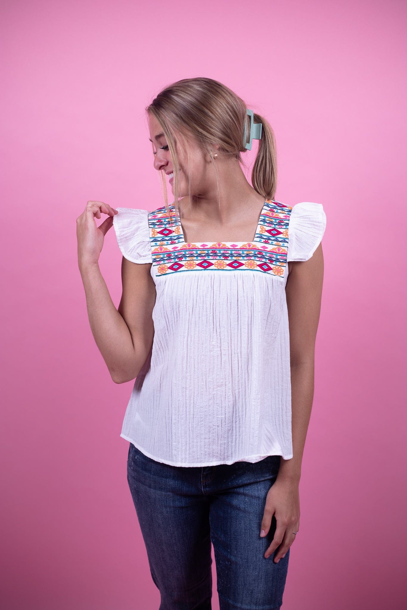 White Embroidery Fun Top