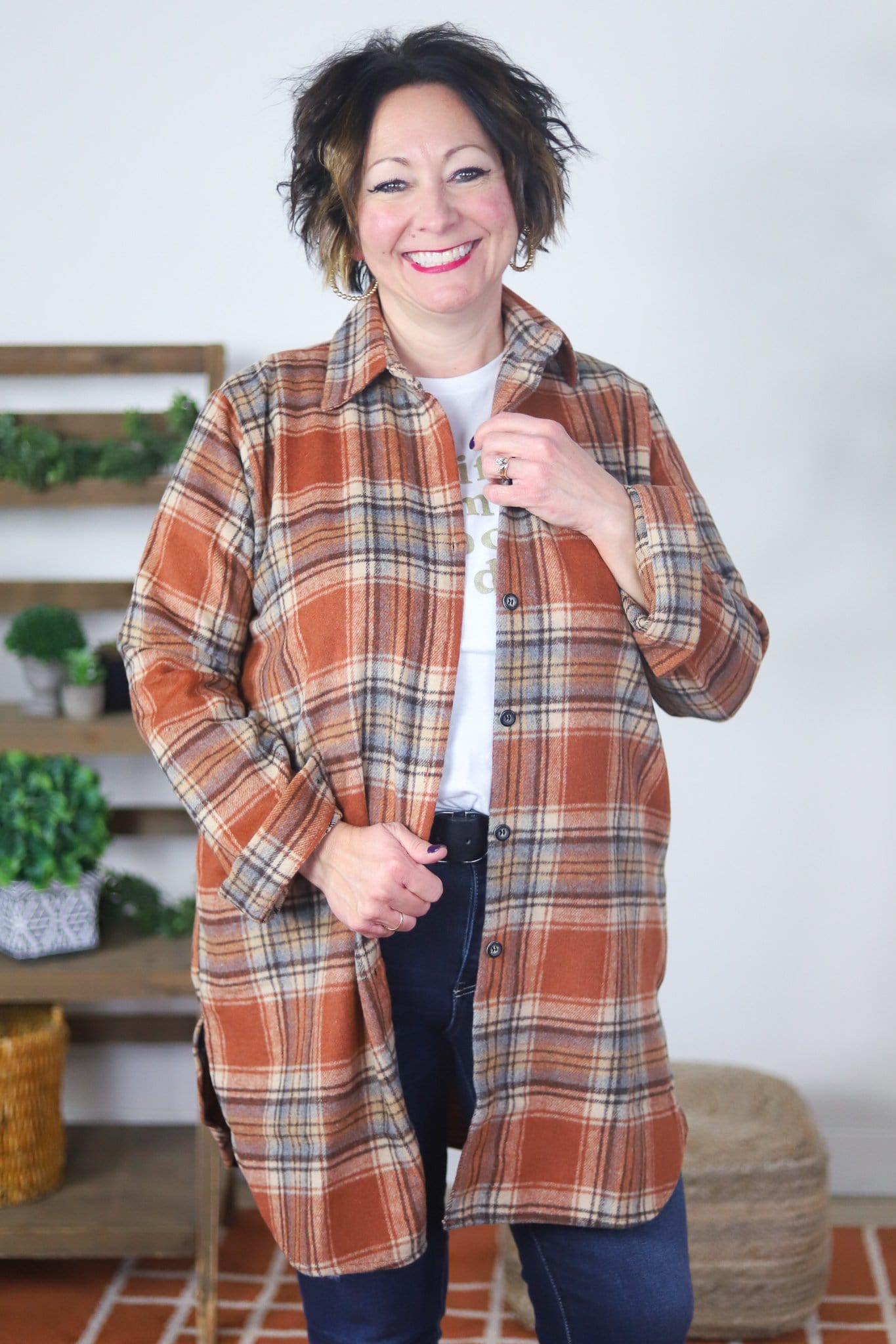 Rust Multicolor Rolled Sleeve Flannel Shacket