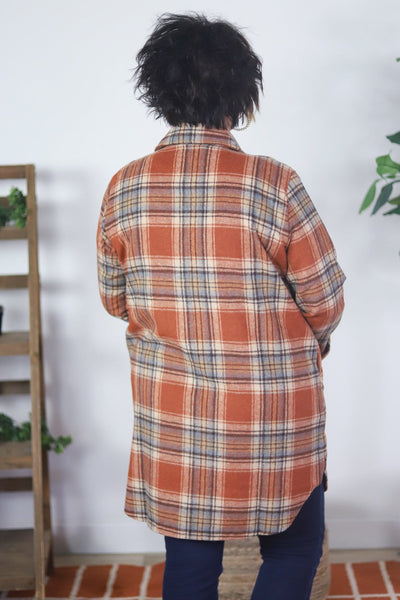 Rust Multicolor Rolled Sleeve Flannel Shacket