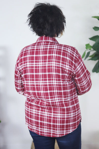 back of red shacket 