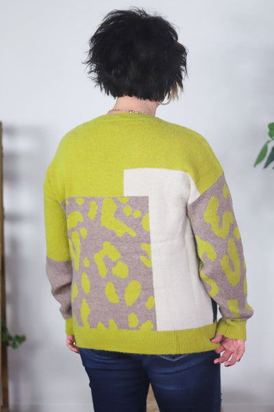 white yellow animal print back sweater 