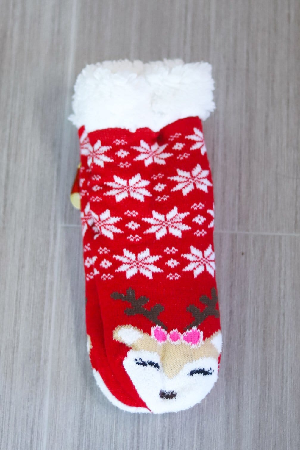 red snowflake deer sock