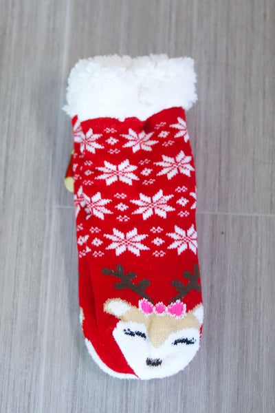 red snowflake deer sock
