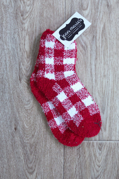 red and white fuzzy plaid sock 