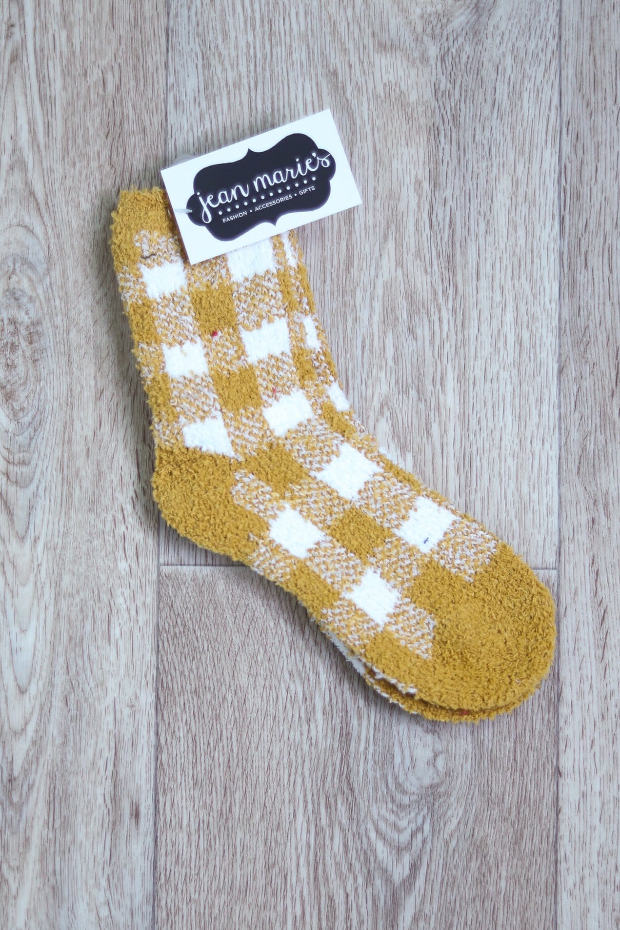yellow and white fuzzy plaid sock