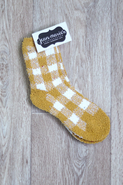 yellow and white fuzzy plaid sock