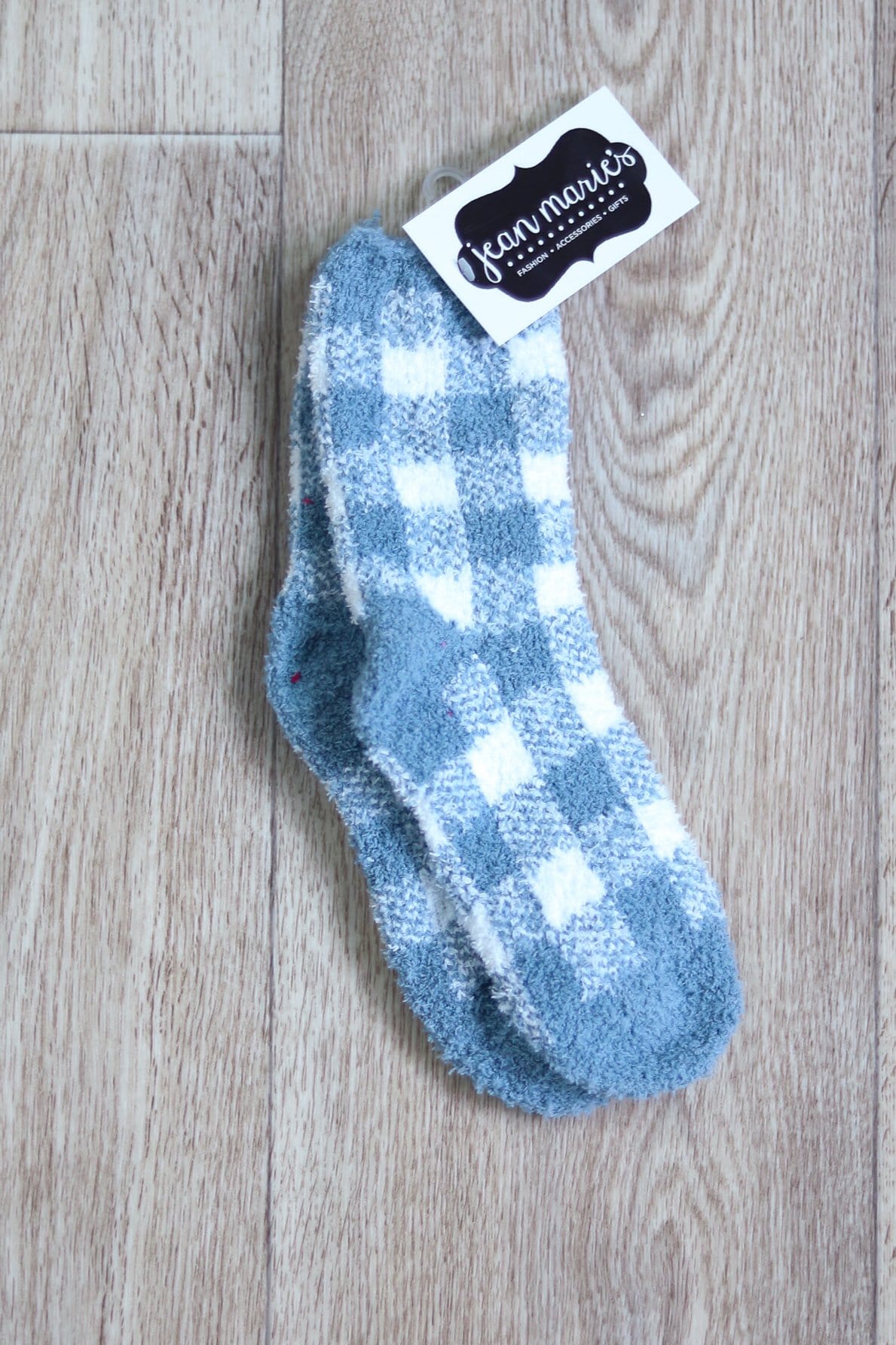 blue and white fuzzy plaid sock 