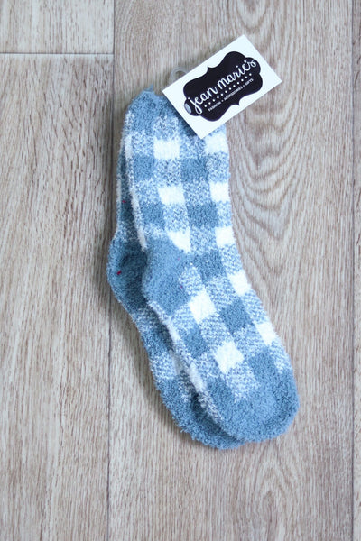 blue and white fuzzy plaid sock 