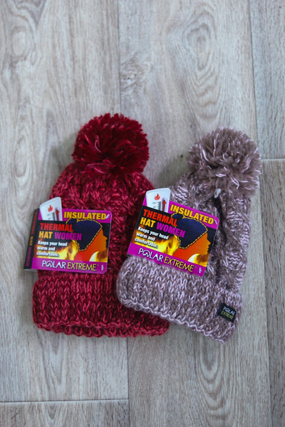 red and mauve pom hat