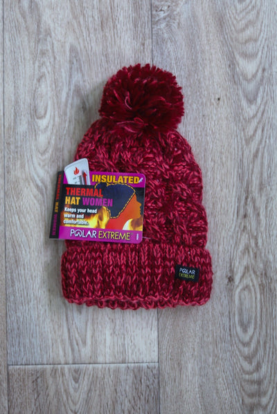 red fuzzy thermal pom hat 