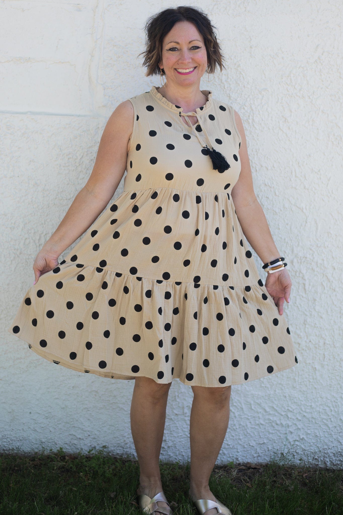 Stone Tiered Black Polka Dot Dress