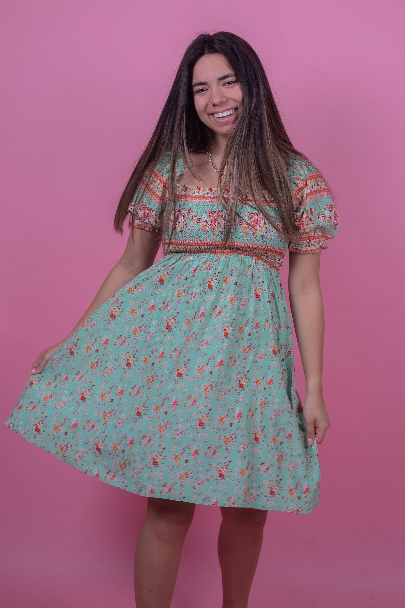Sage Smocked Puff Sleeve Dress