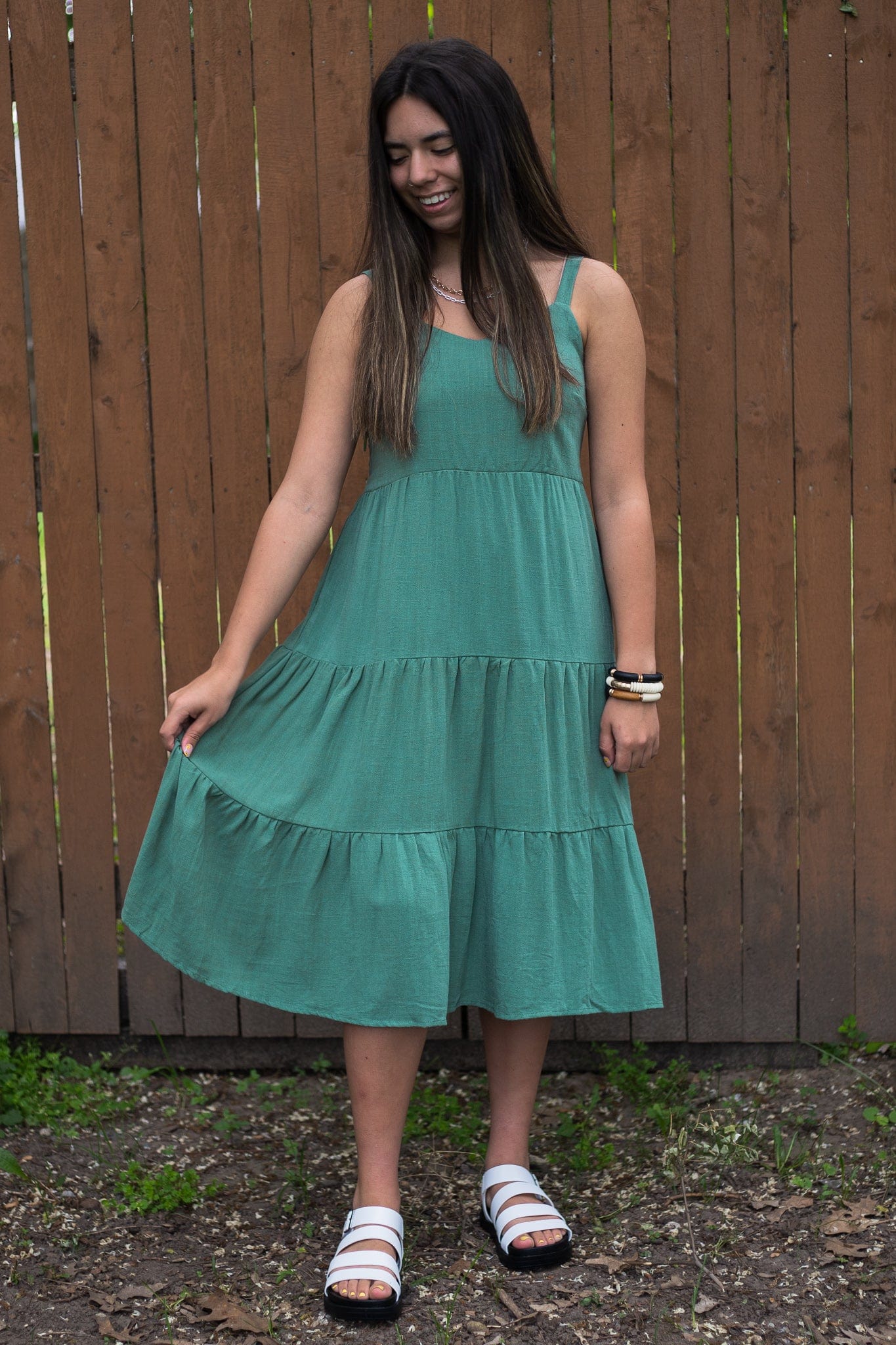 Green Linen Smocked Tiered Dress