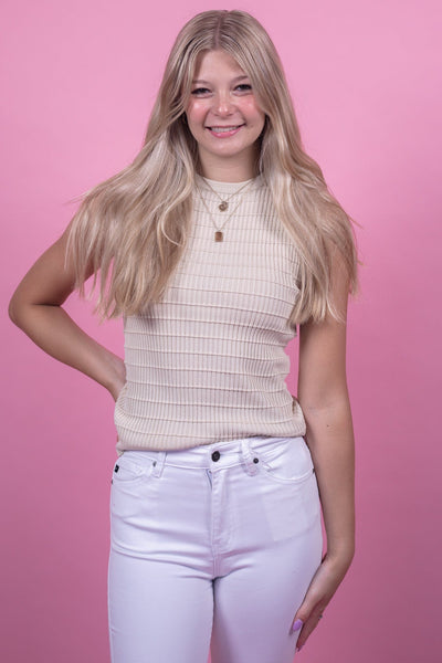 Beige Ribbed Sleeveless Blouse