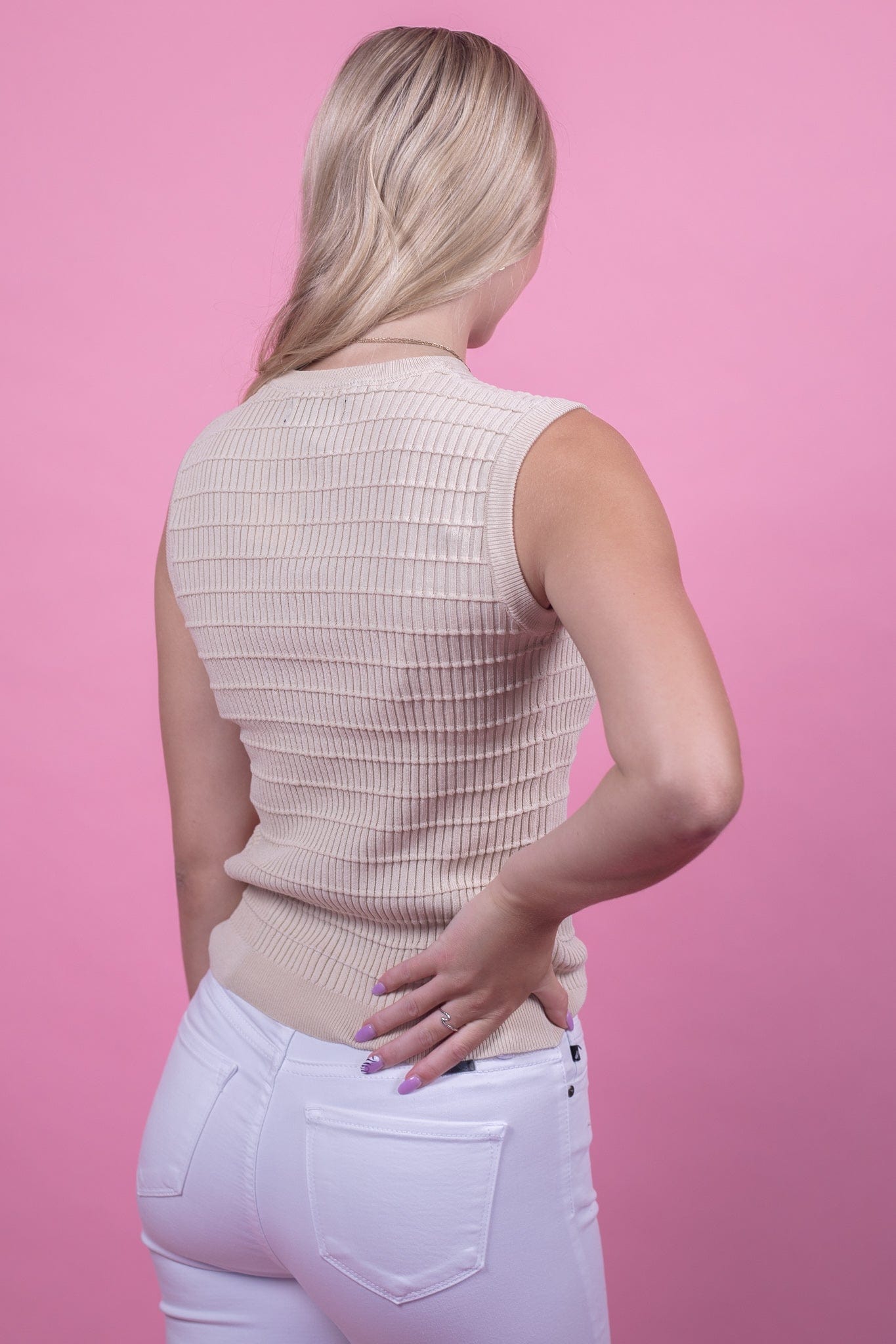 Beige Ribbed Sleeveless Blouse