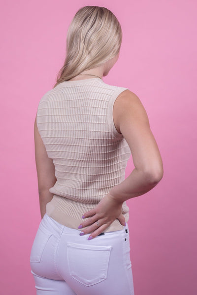 Beige Ribbed Sleeveless Blouse