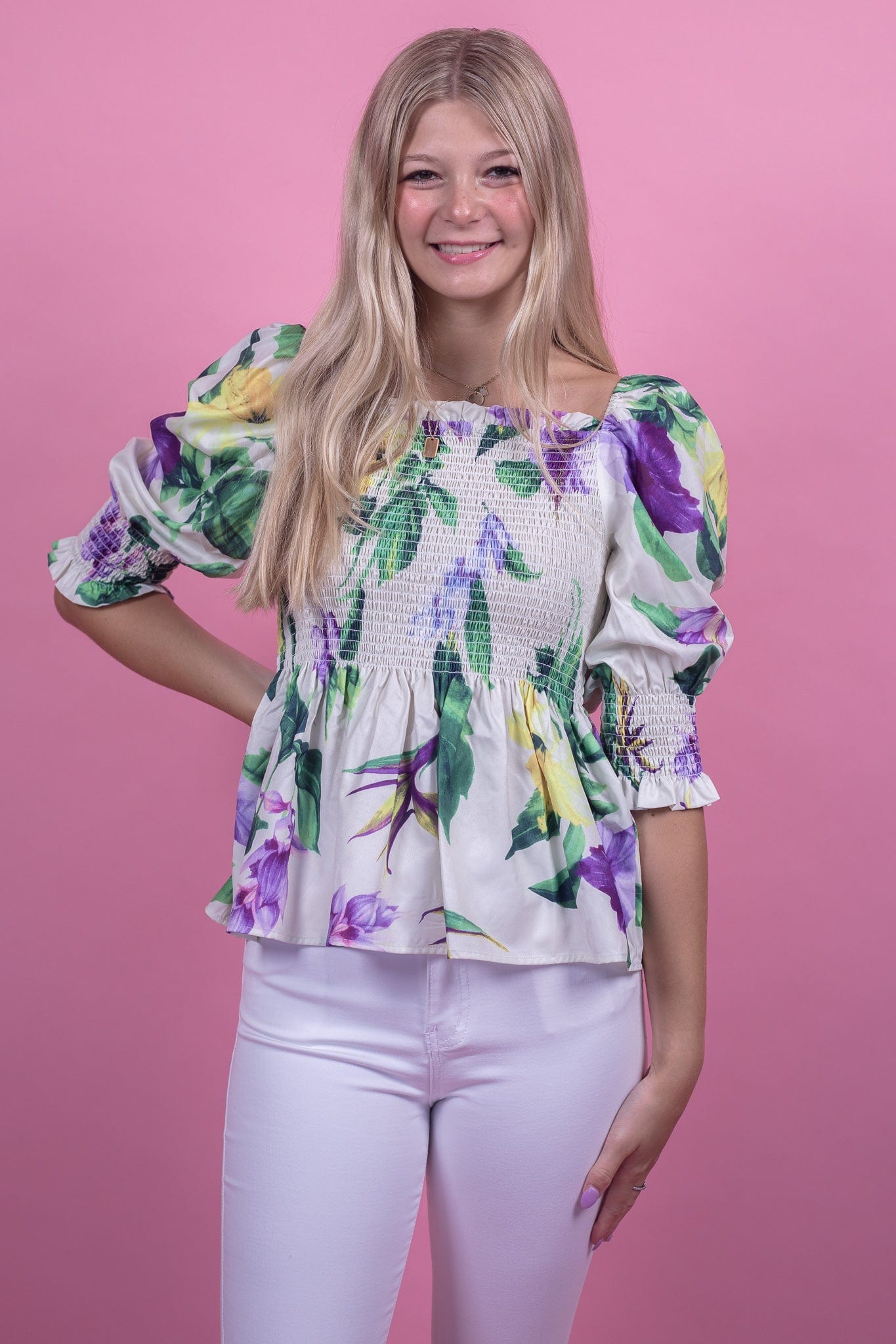 Cream Floral Cropped Smocked Blouse