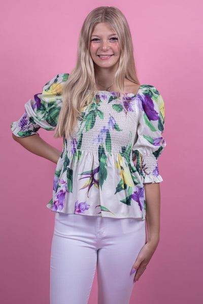 Cream Floral Cropped Smocked Blouse