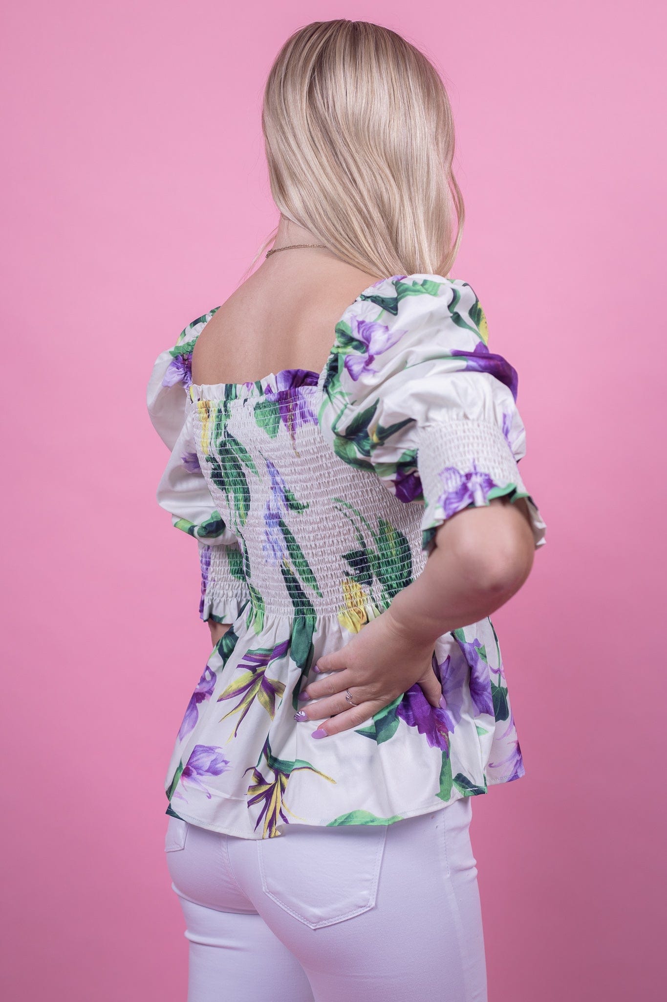 Cream Floral Cropped Smocked Blouse