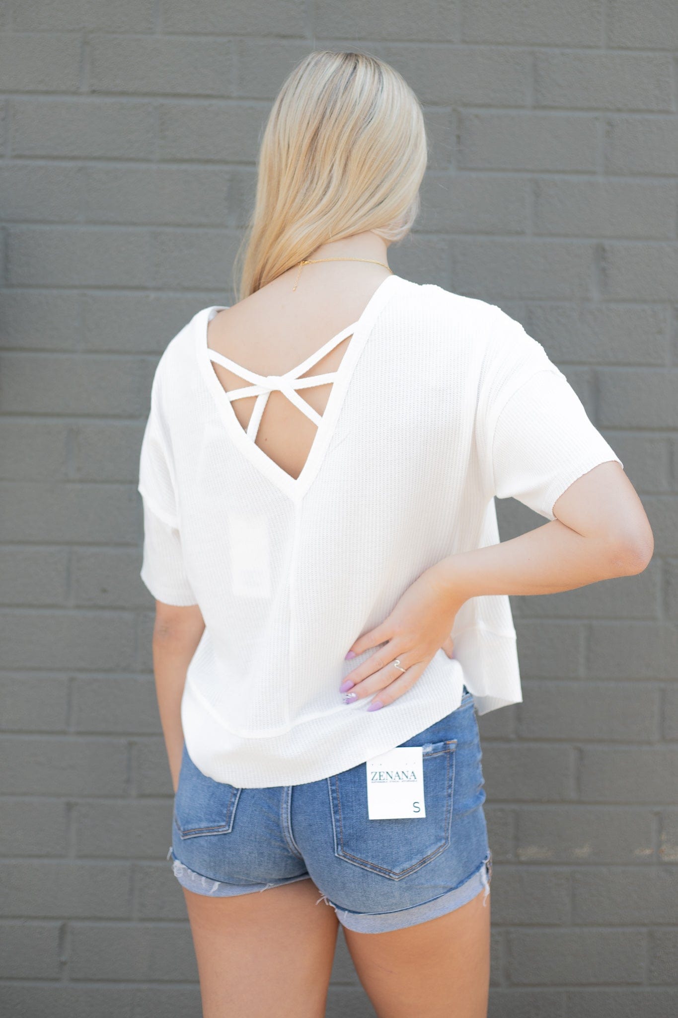 White Waffle Knit Cross Back Top