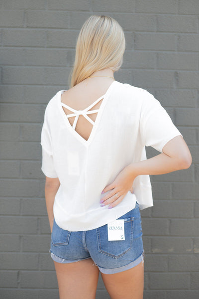 White Waffle Knit Cross Back Top