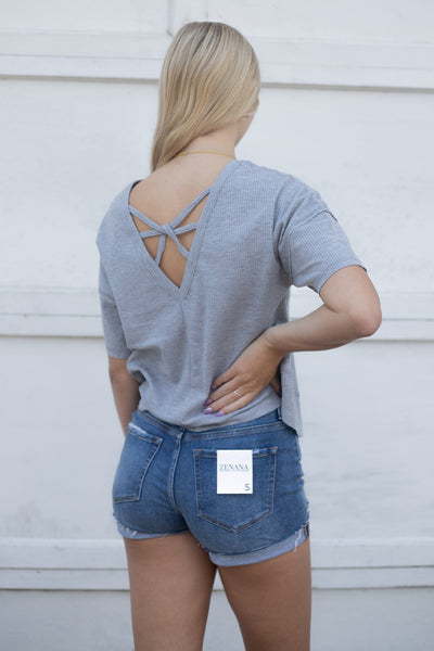 Grey Waffle Knit Cross Back Top