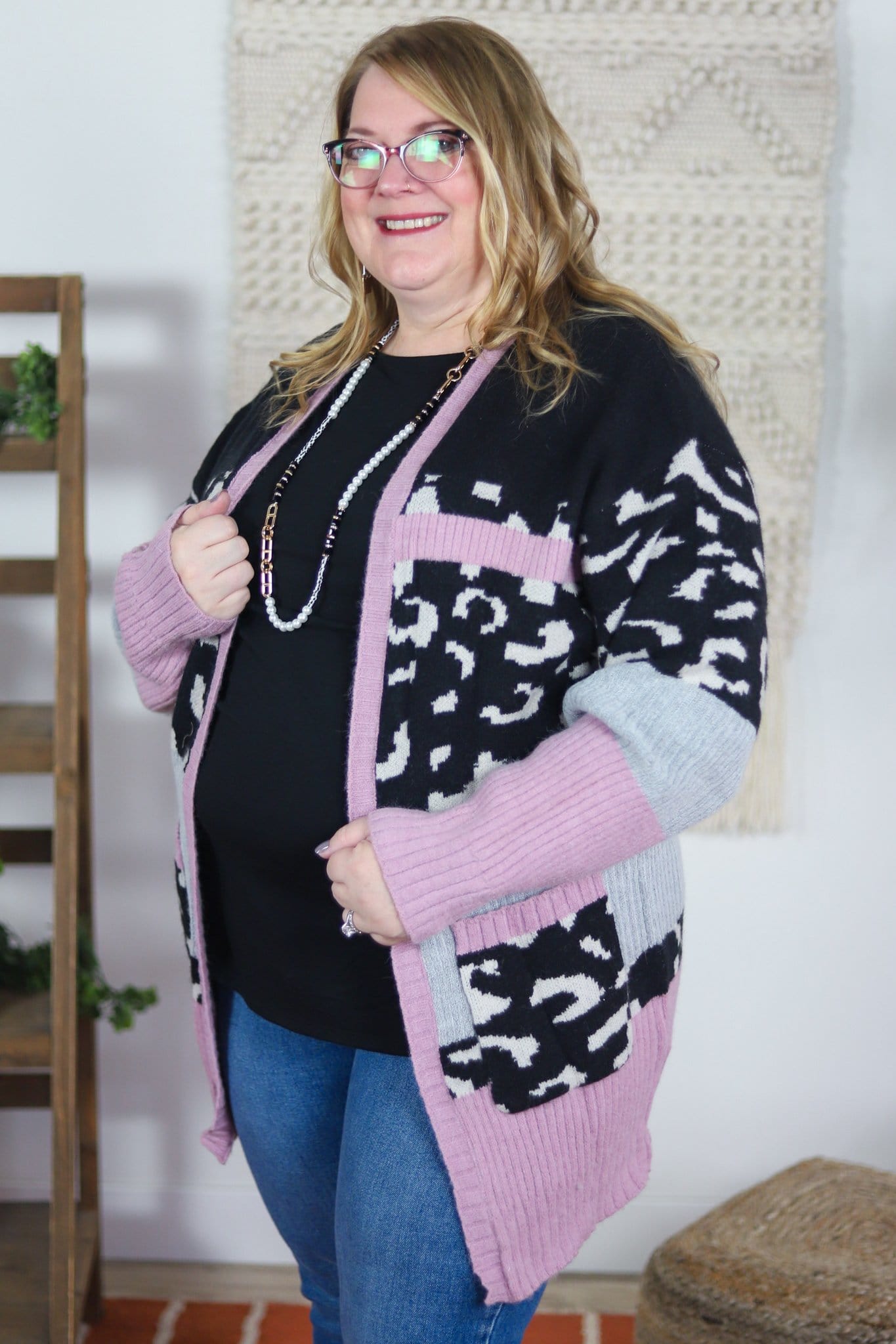 Grey & Mauve Animal Block Open Cardigan