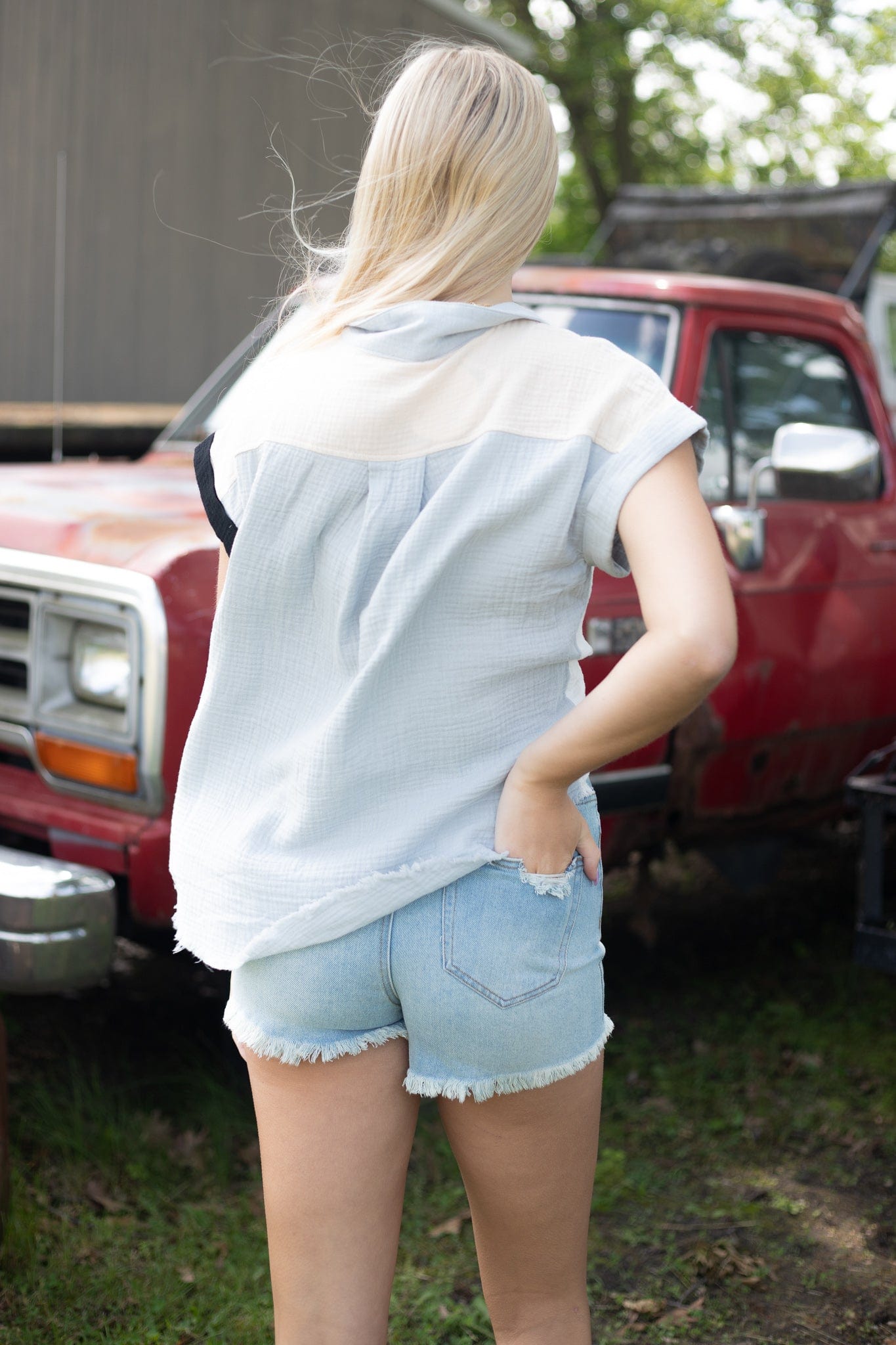Natural Color Block Gauze Button Up Top