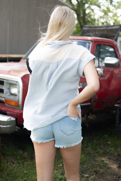 Natural Color Block Gauze Button Up Top