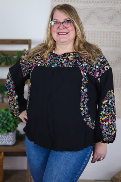 Black Colorful Embroidery Top
