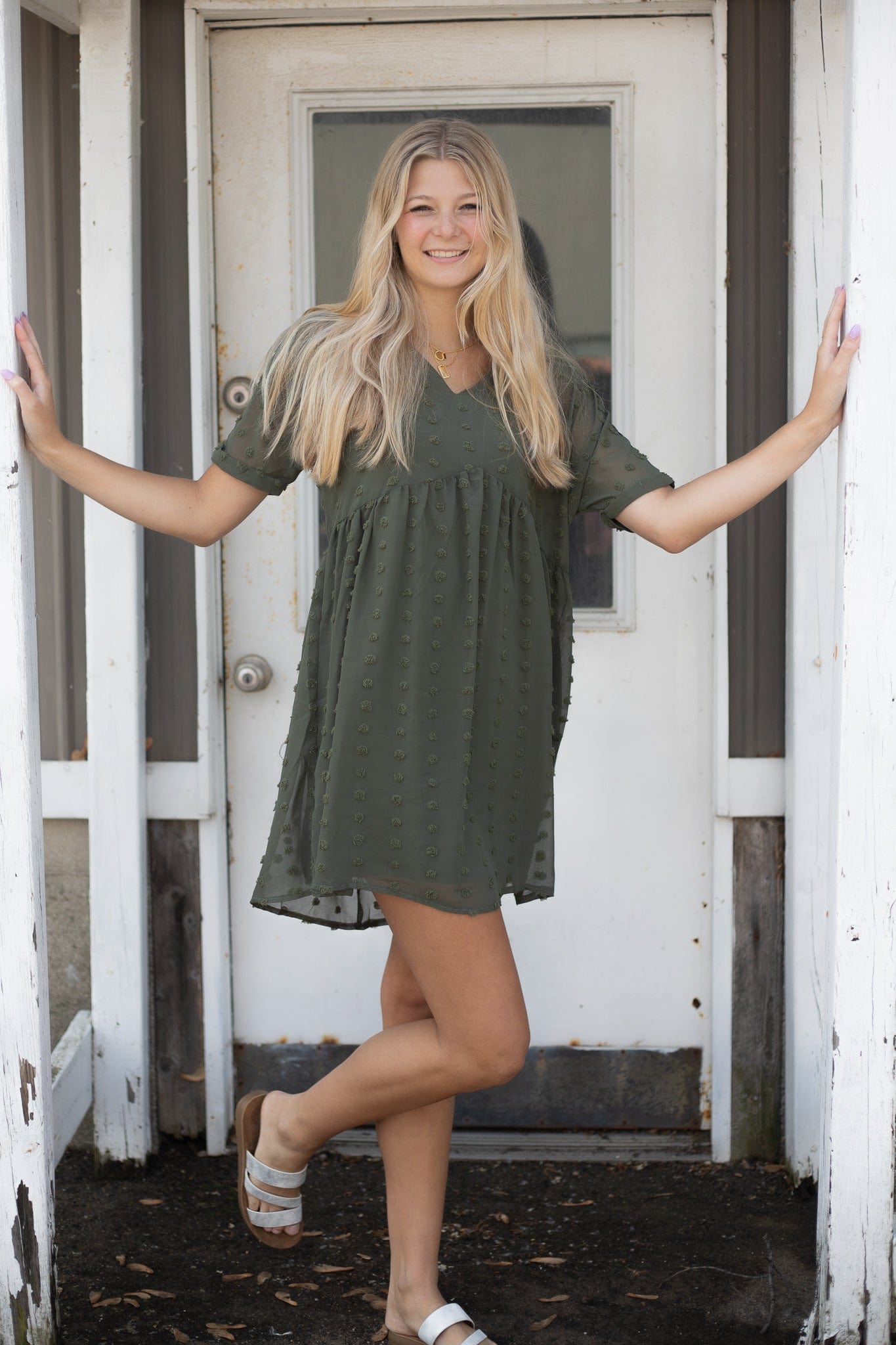Olive Swiss Dot Babydoll Dress