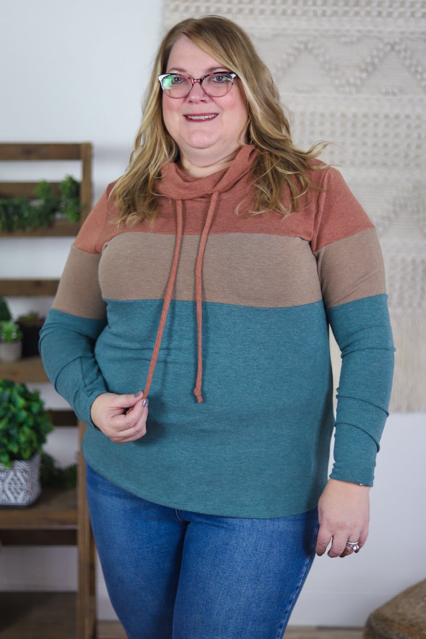 Hunter Green & Rust Blocked Cowl Neck Top