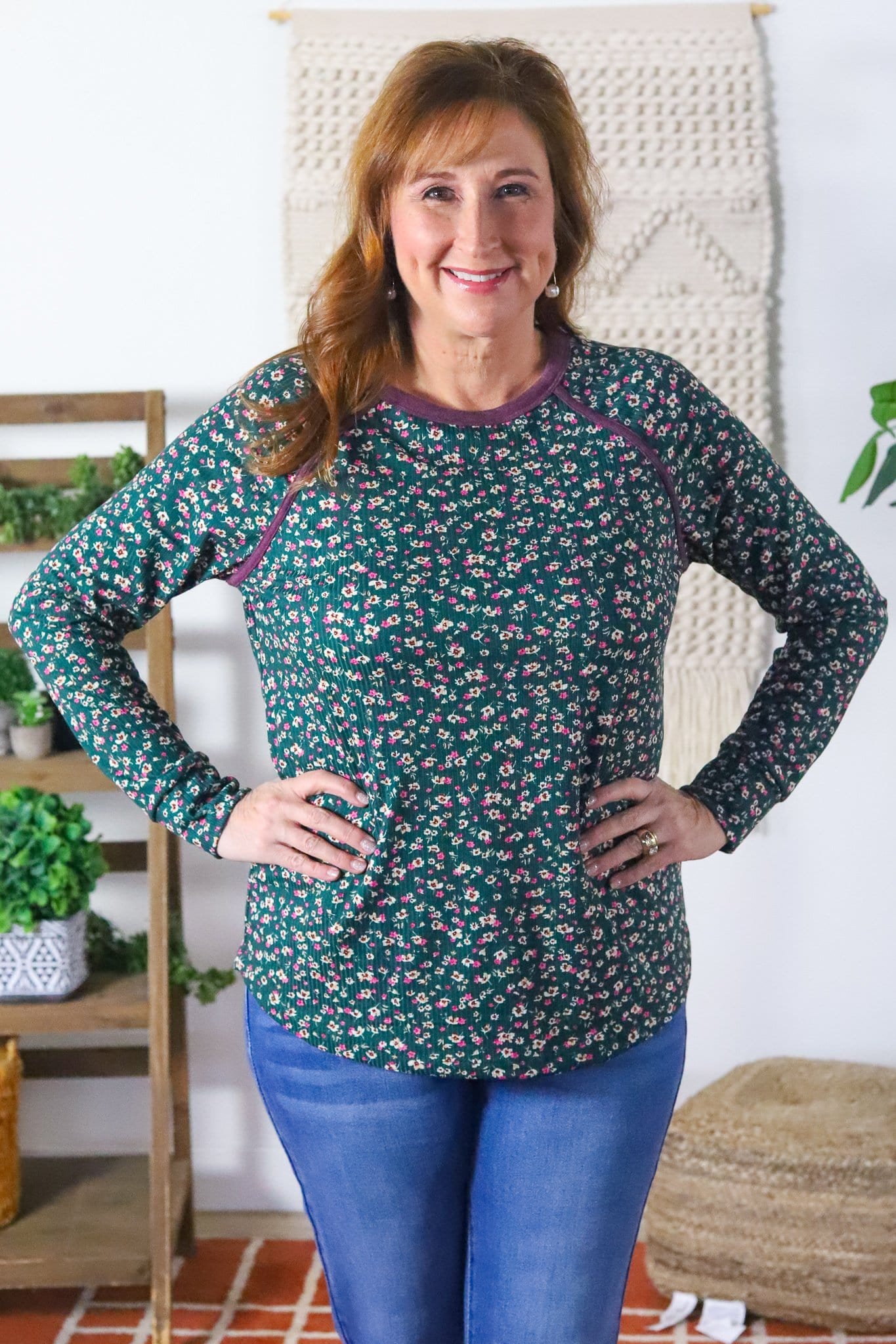 Hunter Green Ditsy Floral Raglan Top